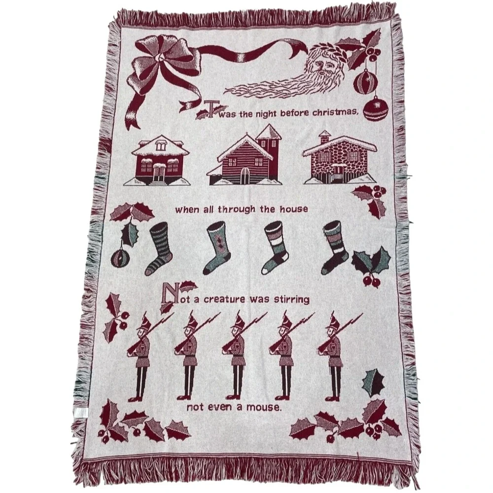 Vintage Twas Night Before Christmas Tapestry Throw 47x70 Cotton Spain Santa NICE